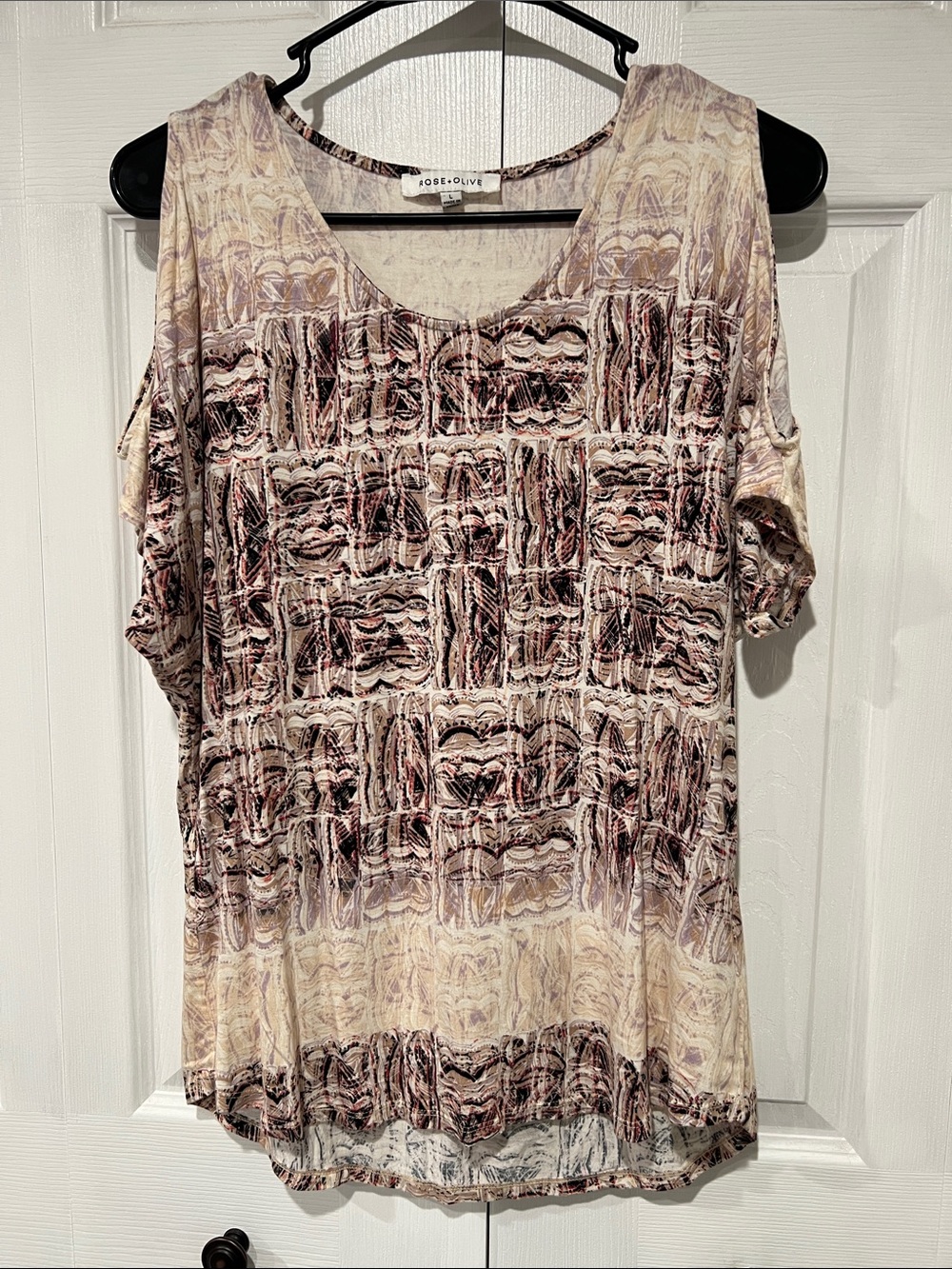 Rose & Olive Beige and Mauve Cold-Shoulder Printed Tunic Top